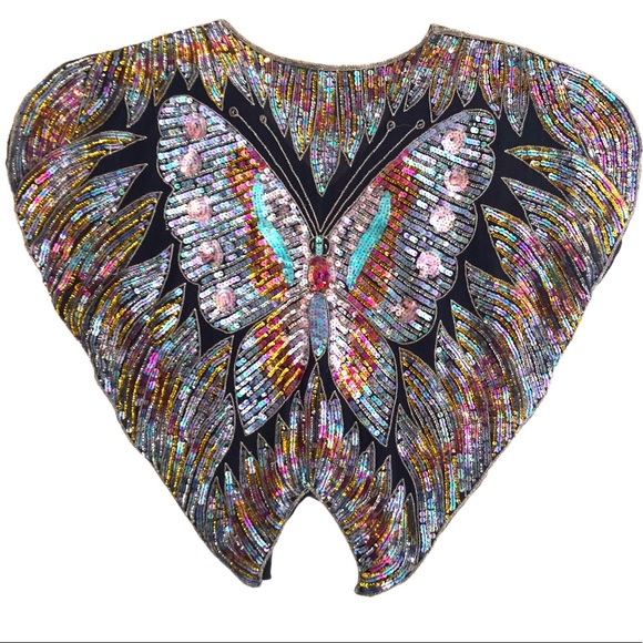 π VINTAGE Butterfly Sequin Boho Silk Crop Poncho - Picture 3 of 7